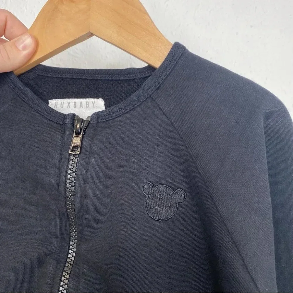 Huxbaby‎ sweat jacket black zip front bear appliqué collarless size 4 years